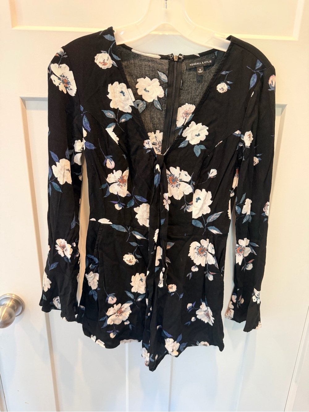 Kendall & Kylie Small Black Floral Tie Front Long Sleeve Romper